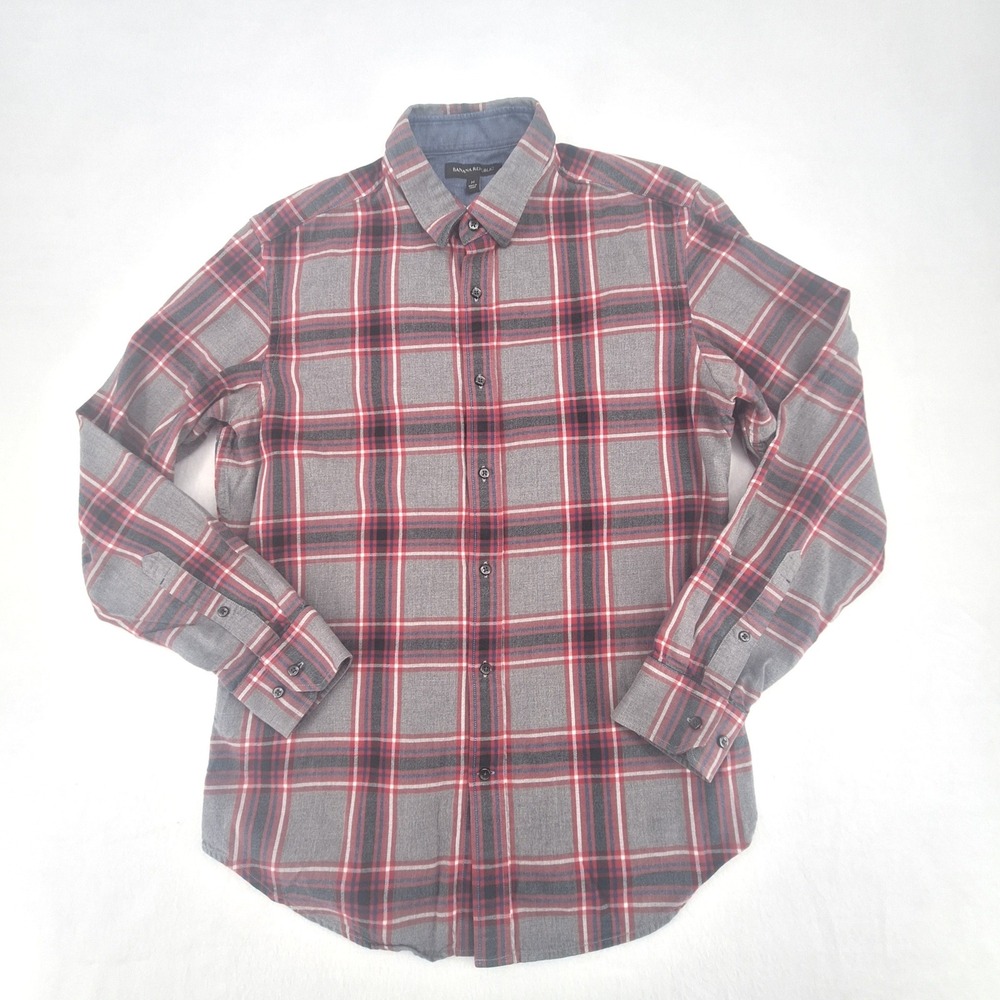 Banana Republic Button Down Shirt Mens Medium Grey Red Plaid Flannel NWOT